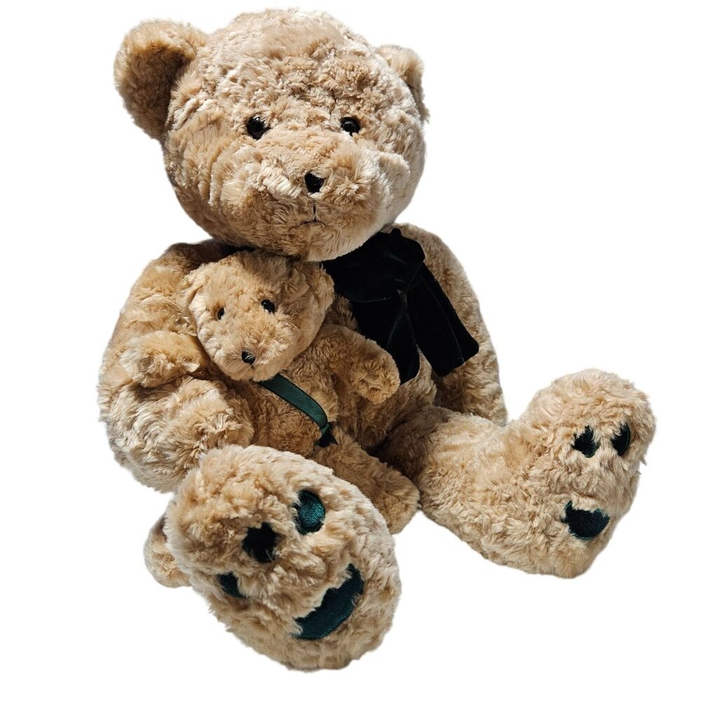 Vintage 2000 Chosun International Teddy Bear with Baby 25 inch Plush Green Bow